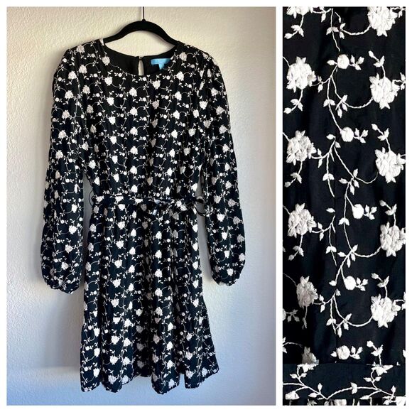 Draper James Women's Embroidered Long Sleeve Short Dress in Black & White Size M - Picture 16 of 16